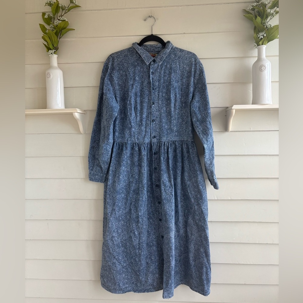 Vintage Denim Paisley Design Long Button Cotton Dress Size Large